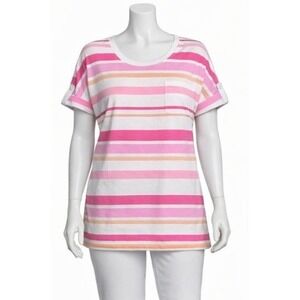 Denim & Co Womens 3X‎ Perfect Jersey Roll Tab Short Sleeve T Shirt Pink Striped